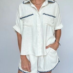 Serena White and Blue Embroidered Shirt and Shorts Set